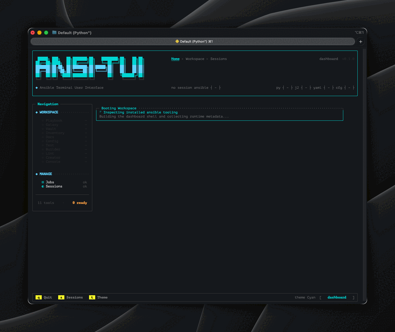 ansi-tui demonstration showing tool navigation, form filling, command preview, and live execution